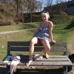 Luxury blonde wants to be caught without pants while sitting in park