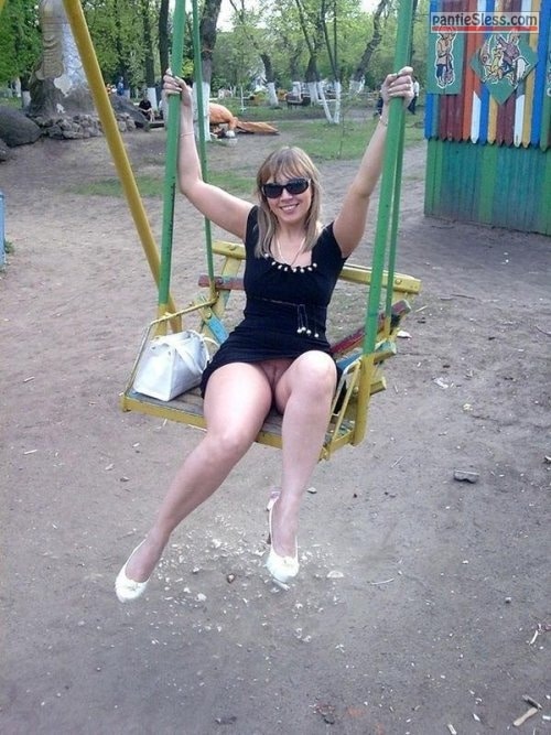 upskirt public flashing hotwife bottomless blonde Slutty wife in black skirt knickerless at playground
