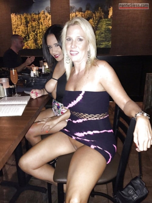 upskirt side boob shaved pussy pussy flash public flashing prostitute milf hotwife dark haired bottomless blonde Two middle aged bimbos at the restaurant