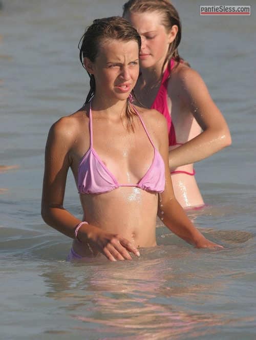 Wet small boob teen in pink bikini got nipple exposed in public
