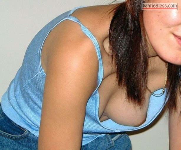 Blue tank-top teen boob and nipple slip