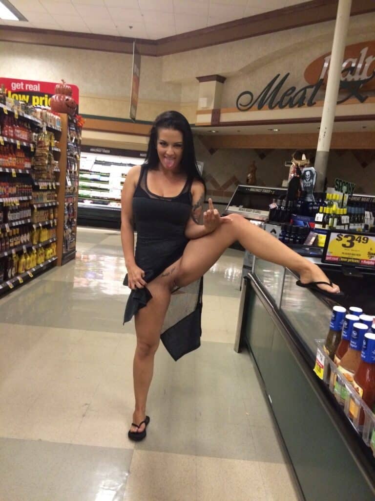 shaved pussy pussy flash public flashing hotwife babes  Hotwife Flashing Her Pussy in the Meat Aisle: A Grocery Store Tease