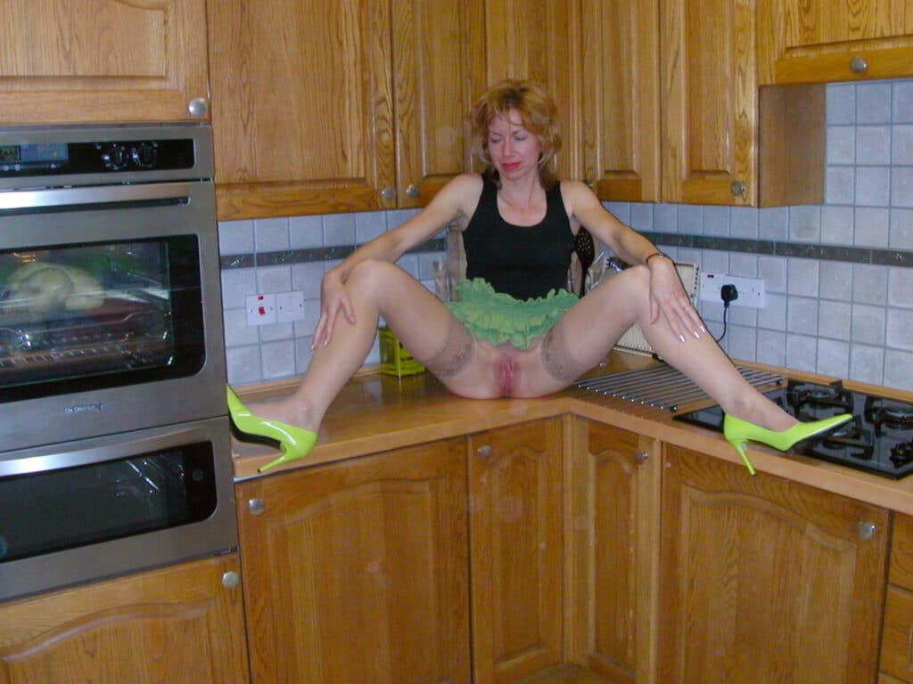 shaved pussy pussy flash milf blonde babes  Kitchen Counter MILF Flashing Her Shaved Pussy