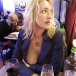 Milf flashing bare tits and bare cunt while tasting cocktails at a bar