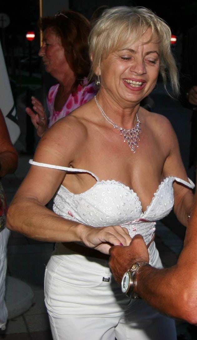 milf mature hotwife boobs flash blonde  tits slipped out from the dress