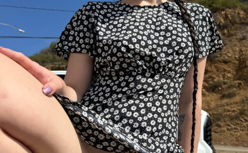 Dark-Haired Beauty Flashes Pussy Outdoors