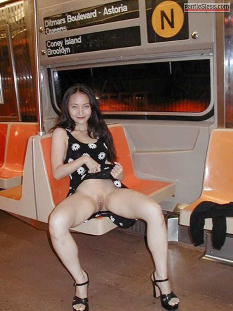 shaved pussy pussy flash public flashing brunette asian  Asian MILF Spreads Legs on NYC Subway
