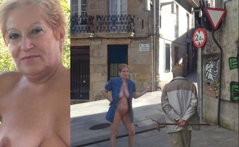 Mature Woman Flashes in Public with Man Nearby