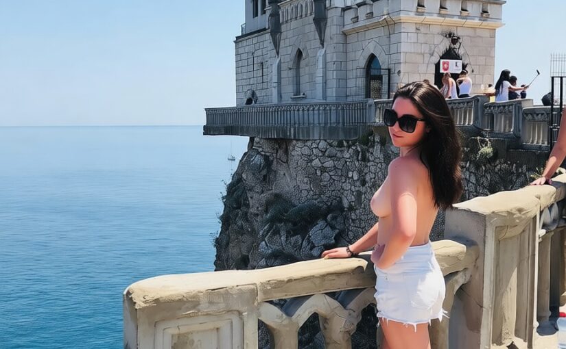 Brunette Prostitute Flashes Her Tits on a Stone Balcony